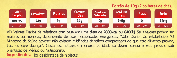 Chá Flor de Hibiscus NutriGold Tabela Nutricional